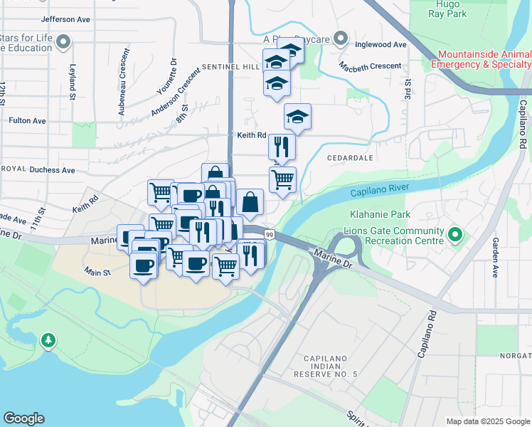 map of restaurants, bars, coffee shops, grocery stores, and more near 423 6th Street West in North Vancouver