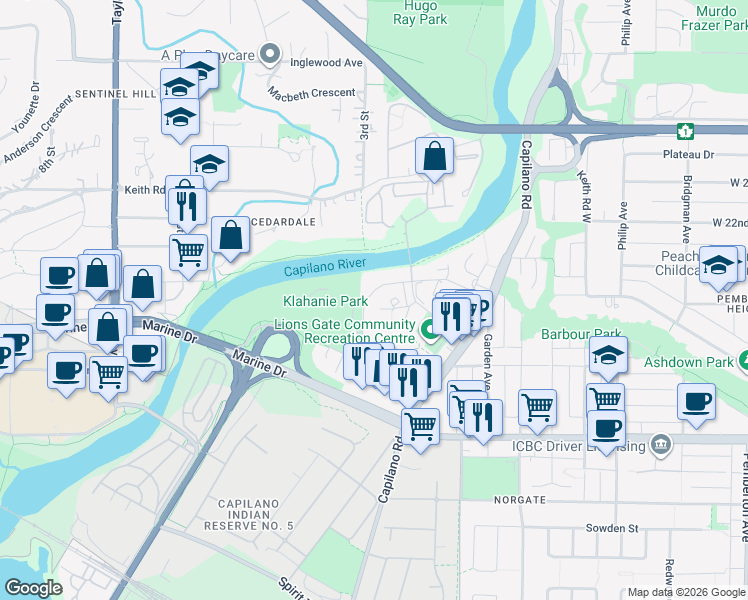 map of restaurants, bars, coffee shops, grocery stores, and more near 1927 Glenaire Drive in North Vancouver