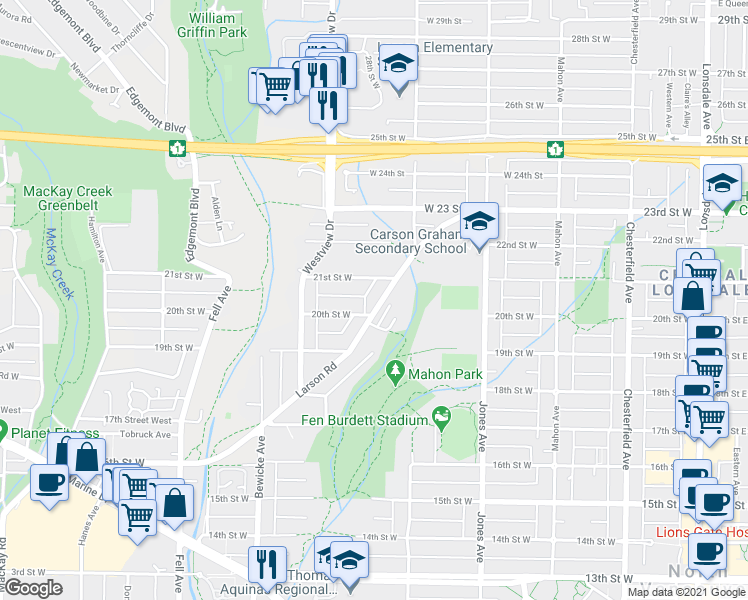 map of restaurants, bars, coffee shops, grocery stores, and more near 2023 Larson Road in North Vancouver