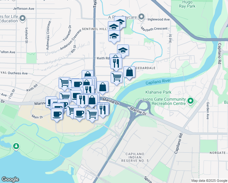 map of restaurants, bars, coffee shops, grocery stores, and more near 540 Waters Edge Crescent in West Vancouver