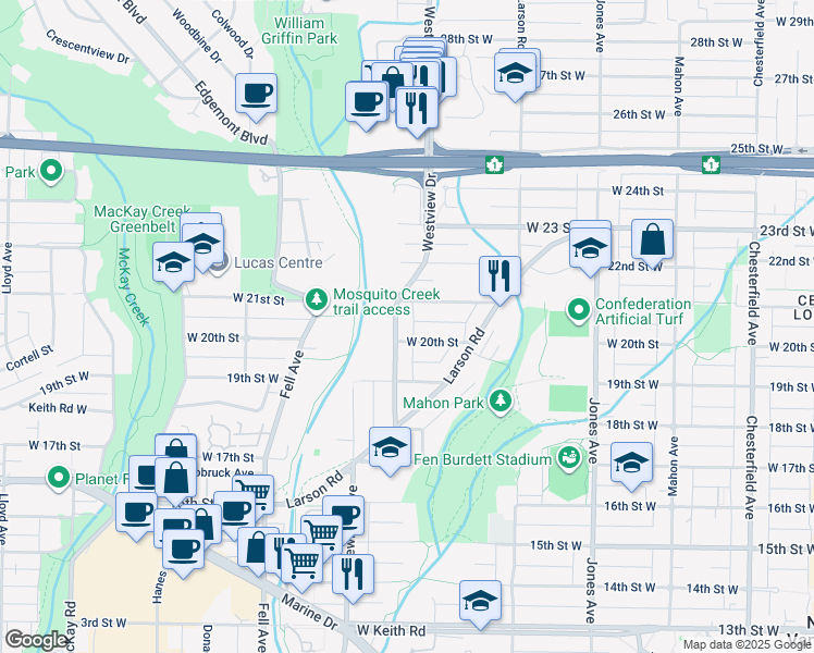 map of restaurants, bars, coffee shops, grocery stores, and more near in North Vancouver