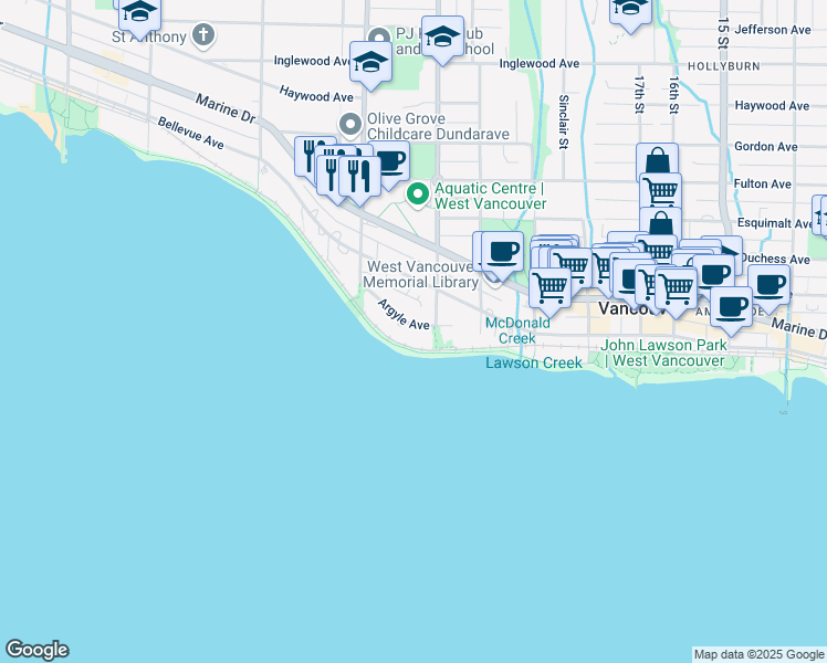 map of restaurants, bars, coffee shops, grocery stores, and more near in West Vancouver