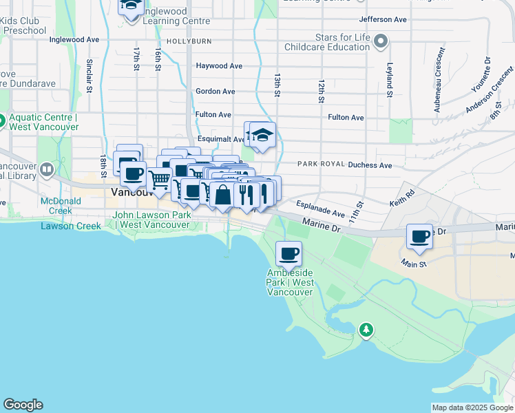 map of restaurants, bars, coffee shops, grocery stores, and more near 1331 Marine Drive in West Vancouver
