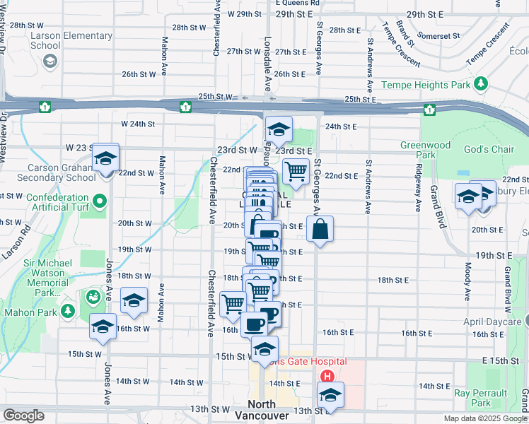 map of restaurants, bars, coffee shops, grocery stores, and more near Lonsdale Avenue in Metro Vancouver