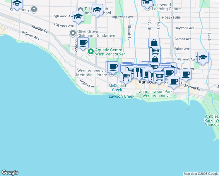 map of restaurants, bars, coffee shops, grocery stores, and more near 1972 Bellevue Avenue in West Vancouver
