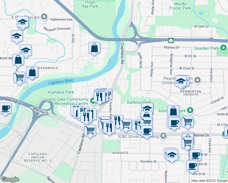 map of restaurants, bars, coffee shops, grocery stores, and more near 1990 Capilano Road in North Vancouver