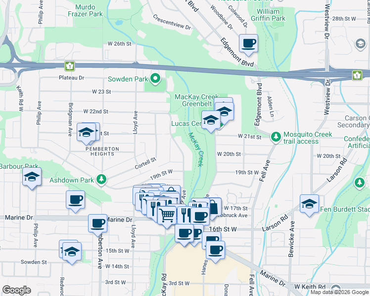 map of restaurants, bars, coffee shops, grocery stores, and more near 2010 Mackay Avenue in North Vancouver