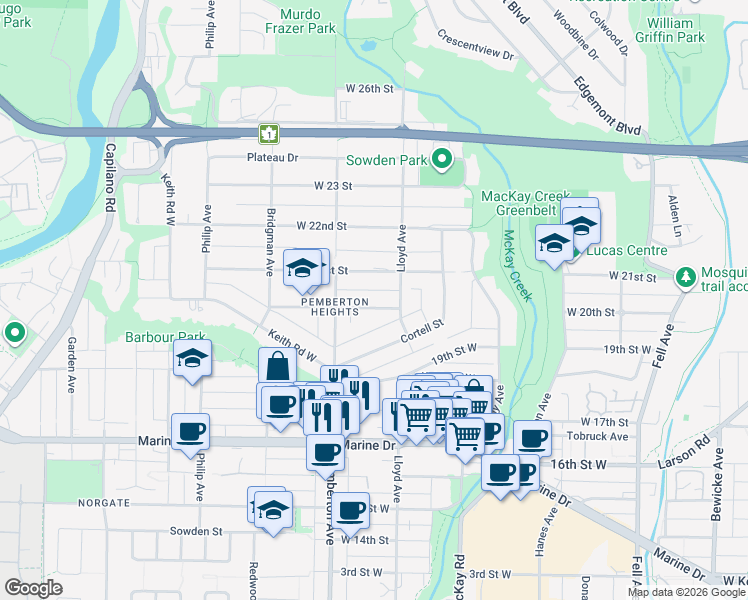 map of restaurants, bars, coffee shops, grocery stores, and more near 1140 West 20th Street in North Vancouver
