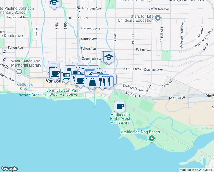 map of restaurants, bars, coffee shops, grocery stores, and more near 1327 Marine Drive in West Vancouver