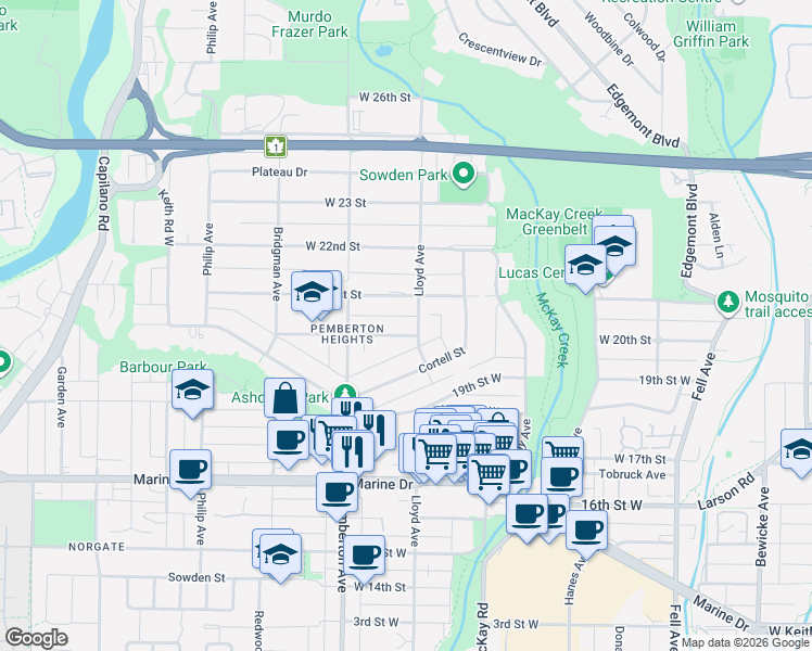 map of restaurants, bars, coffee shops, grocery stores, and more near 1116 West 20th Street in North Vancouver