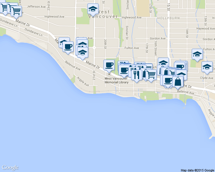 map of restaurants, bars, coffee shops, grocery stores, and more near in West Vancouver
