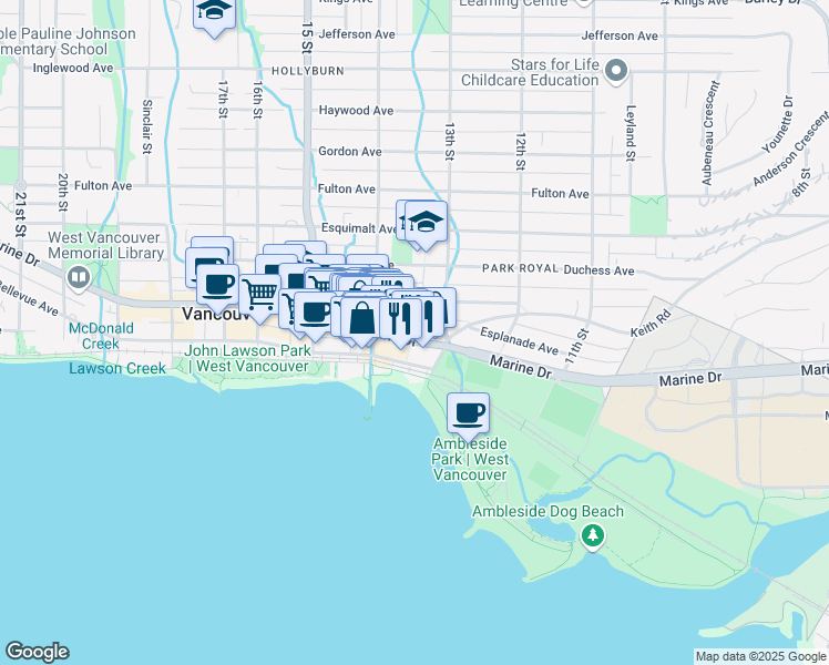 map of restaurants, bars, coffee shops, grocery stores, and more near 1331 Southeast Marine Drive in Vancouver