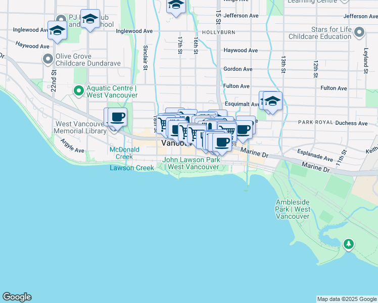 map of restaurants, bars, coffee shops, grocery stores, and more near 1650 Marine Drive in West Vancouver