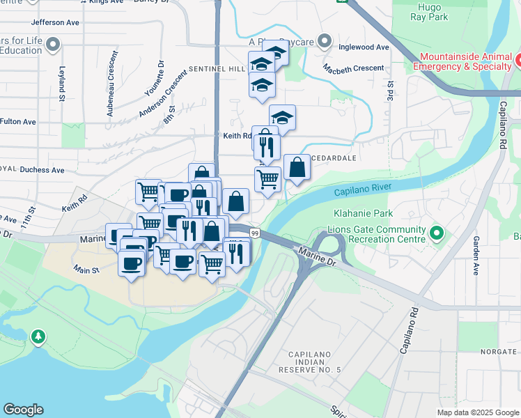 map of restaurants, bars, coffee shops, grocery stores, and more near 533 Waters Edge Crescent in West Vancouver
