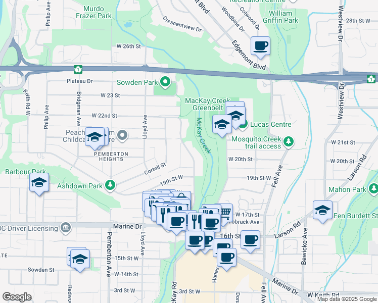 map of restaurants, bars, coffee shops, grocery stores, and more near Mackay Avenue in North Vancouver