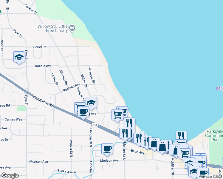 map of restaurants, bars, coffee shops, grocery stores, and more near 384 Dogwood Street in Parksville
