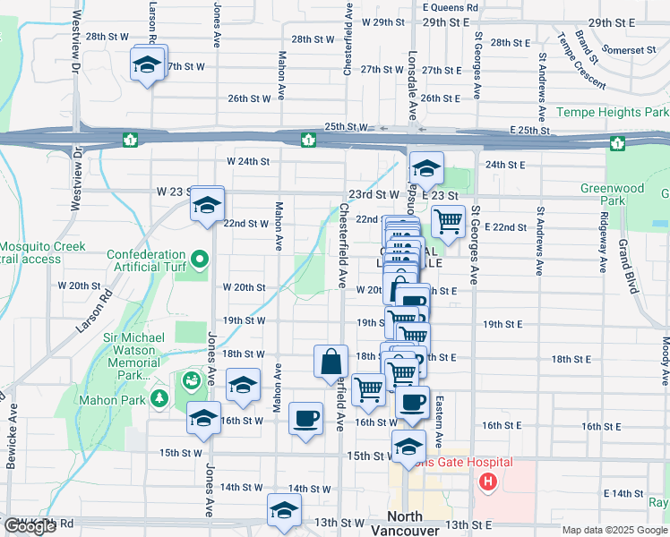 map of restaurants, bars, coffee shops, grocery stores, and more near 2059 Chesterfield Avenue in North Vancouver