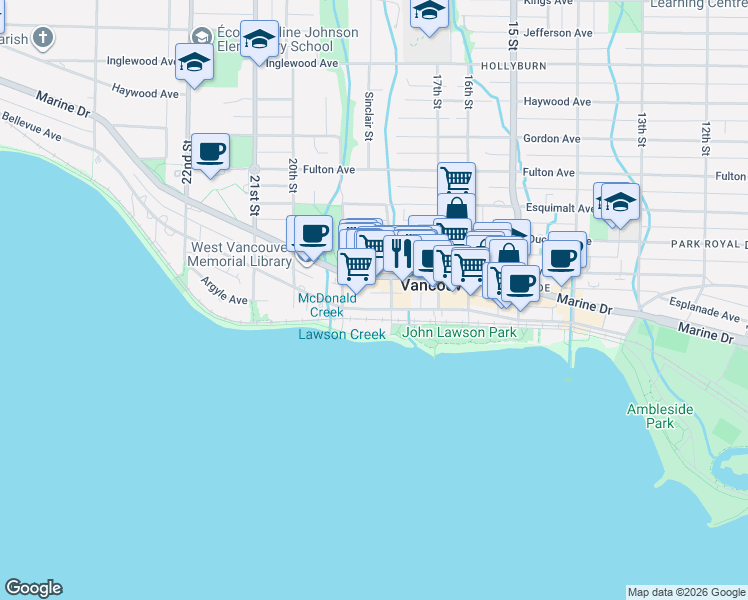 map of restaurants, bars, coffee shops, grocery stores, and more near 1845 Bellevue Avenue in West Vancouver
