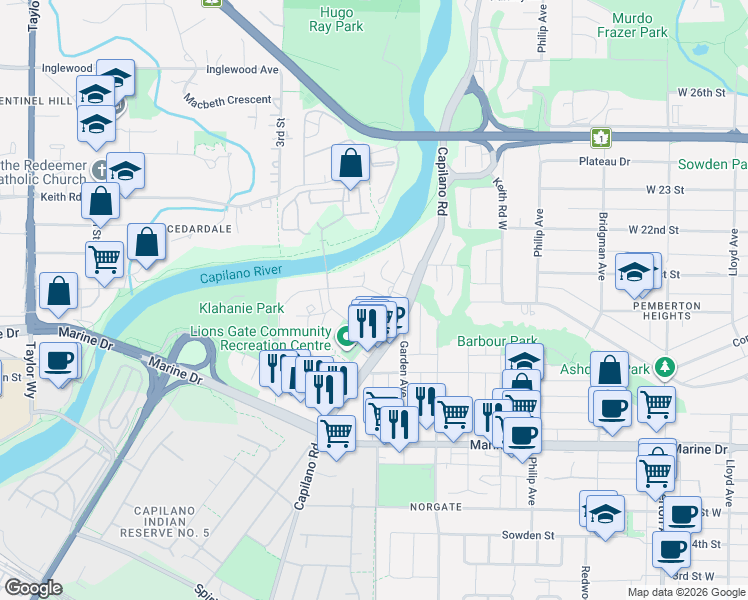 map of restaurants, bars, coffee shops, grocery stores, and more near 2035 Glenaire Drive in North Vancouver