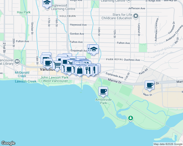 map of restaurants, bars, coffee shops, grocery stores, and more near 1331 Marine Drive in West Vancouver