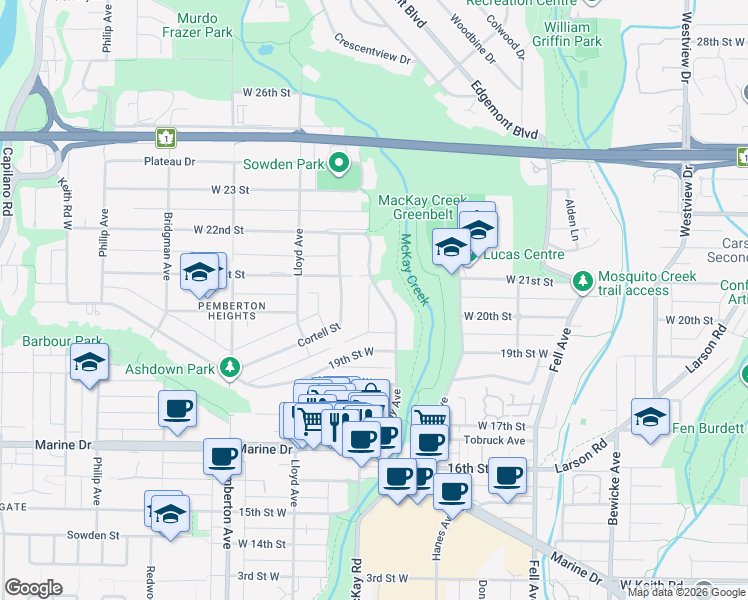 map of restaurants, bars, coffee shops, grocery stores, and more near 2025 Mackay Avenue in North Vancouver