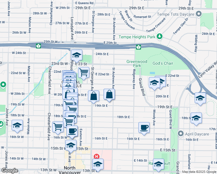 map of restaurants, bars, coffee shops, grocery stores, and more near 255 21st Street East in North Vancouver