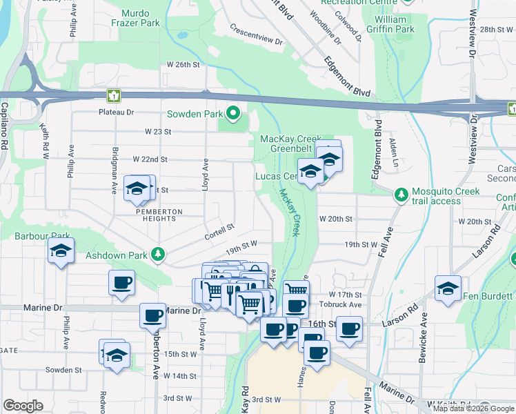 map of restaurants, bars, coffee shops, grocery stores, and more near 2025 Mackay Avenue in North Vancouver