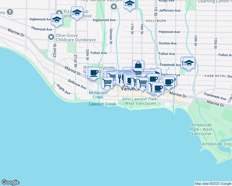 map of restaurants, bars, coffee shops, grocery stores, and more near 1819 Bellevue Avenue in West Vancouver