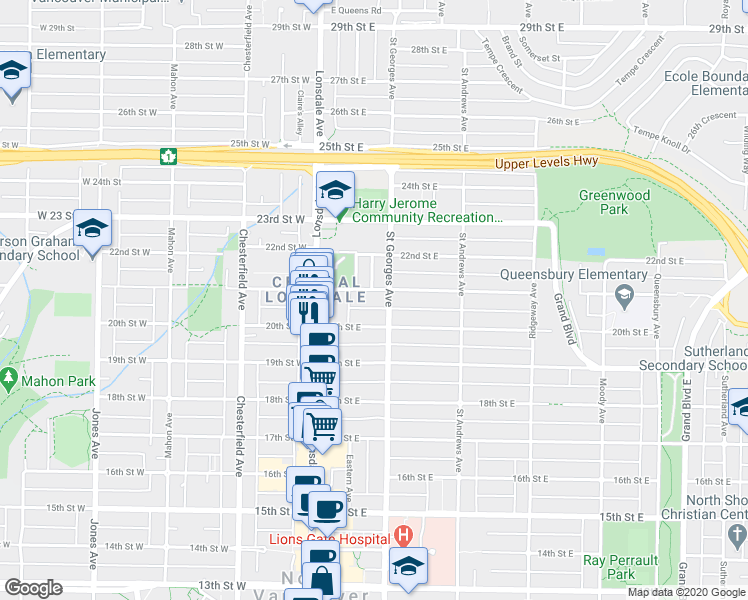 map of restaurants, bars, coffee shops, grocery stores, and more near 202 20th Street East in North Vancouver