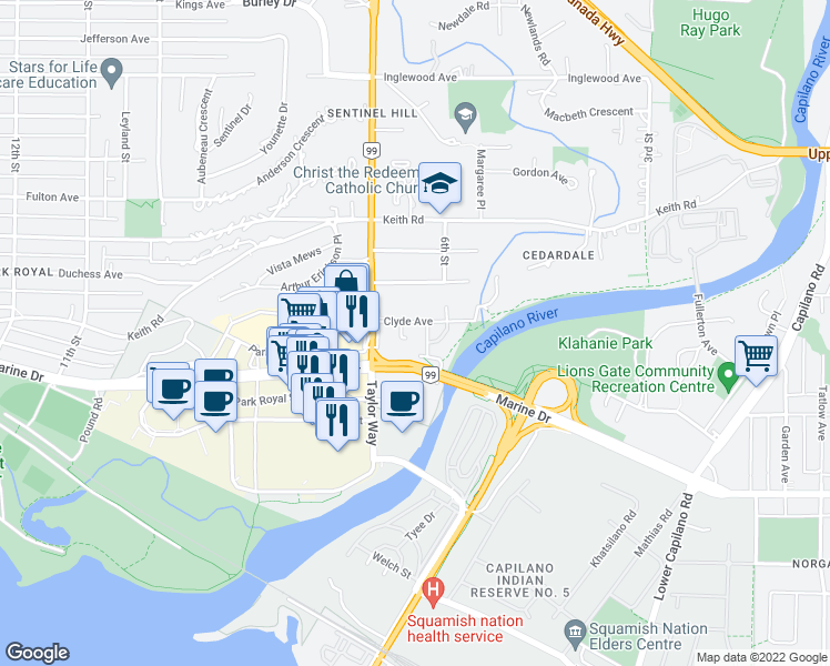 map of restaurants, bars, coffee shops, grocery stores, and more near 650 Clyde Avenue in West Vancouver