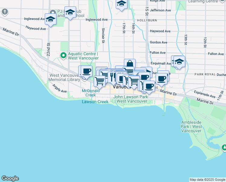 map of restaurants, bars, coffee shops, grocery stores, and more near in West Vancouver