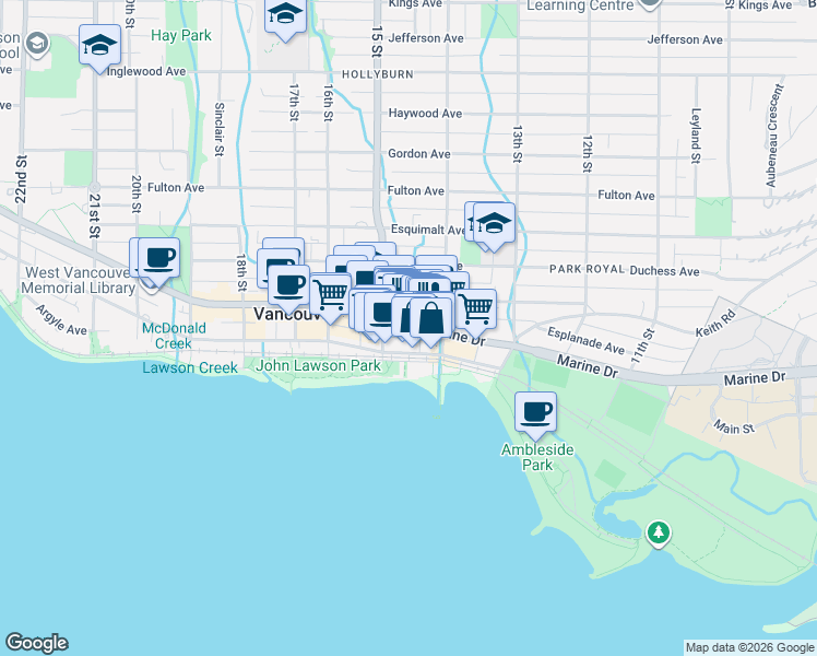 map of restaurants, bars, coffee shops, grocery stores, and more near 1460 Marine Drive in West Vancouver