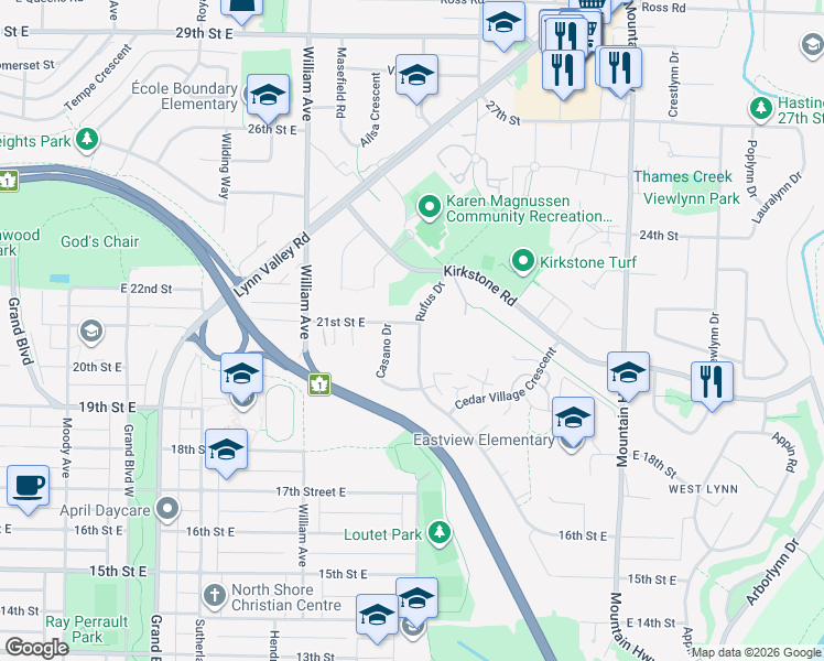 map of restaurants, bars, coffee shops, grocery stores, and more near 2075 Rufus Drive in North Vancouver