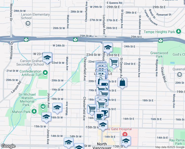 map of restaurants, bars, coffee shops, grocery stores, and more near 135 West 21st Avenue in Vancouver