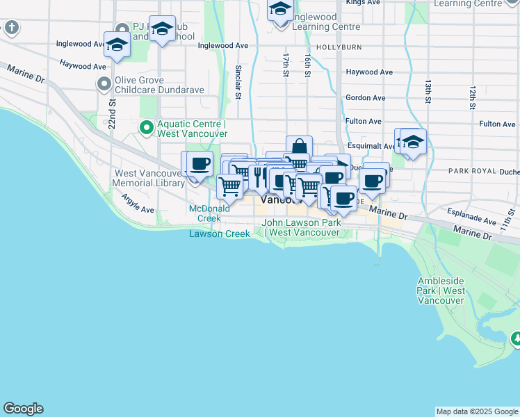 map of restaurants, bars, coffee shops, grocery stores, and more near 1775 Bellevue Avenue in West Vancouver