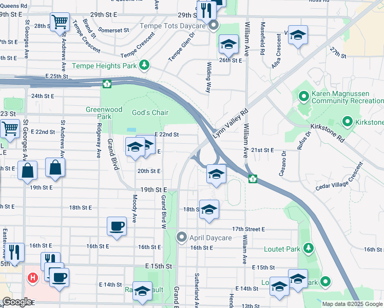 map of restaurants, bars, coffee shops, grocery stores, and more near 330 East 21 Street in North Vancouver