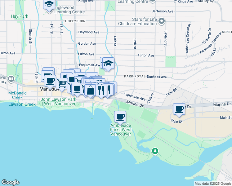 map of restaurants, bars, coffee shops, grocery stores, and more near 1289 Keith Road in West Vancouver