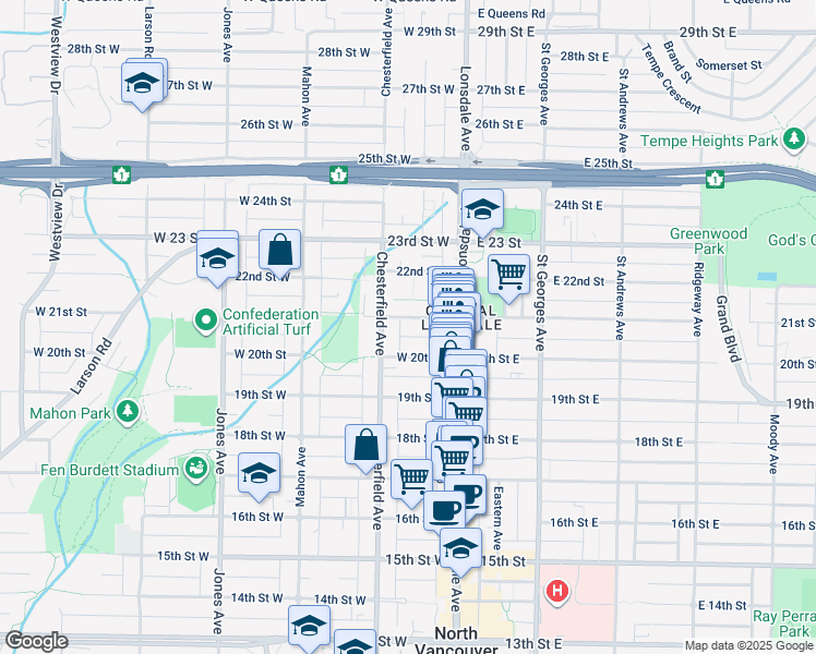 map of restaurants, bars, coffee shops, grocery stores, and more near 135 West 21st Street in North Vancouver