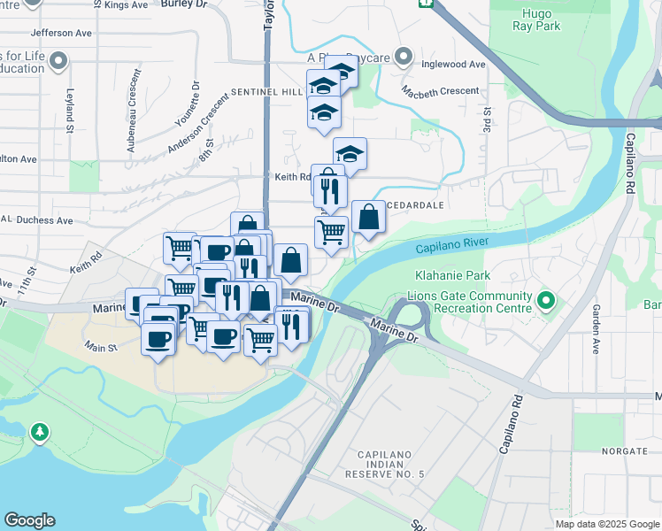 map of restaurants, bars, coffee shops, grocery stores, and more near in West Vancouver