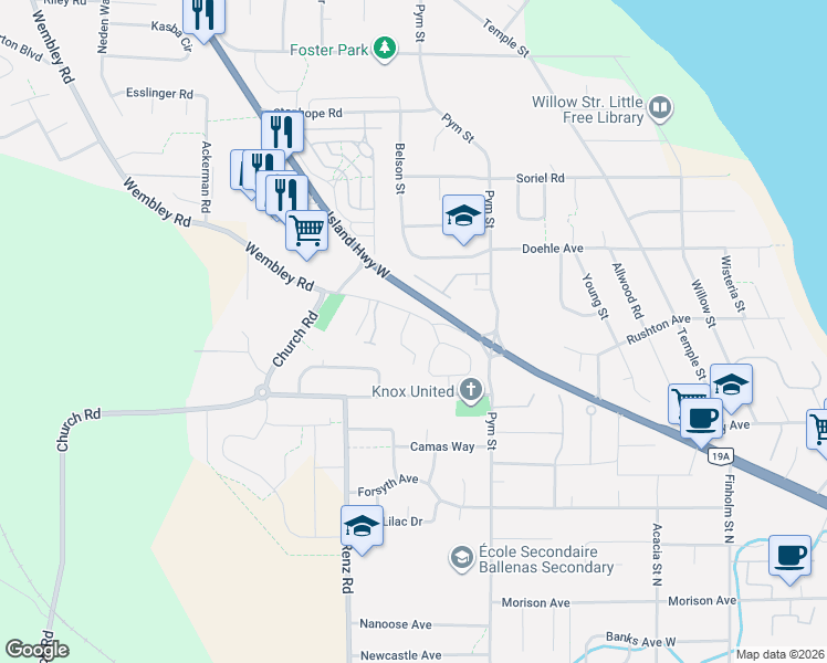 map of restaurants, bars, coffee shops, grocery stores, and more near 399 Wembley Road in Parksville