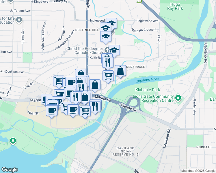map of restaurants, bars, coffee shops, grocery stores, and more near 508 Waters Edge Crescent in West Vancouver