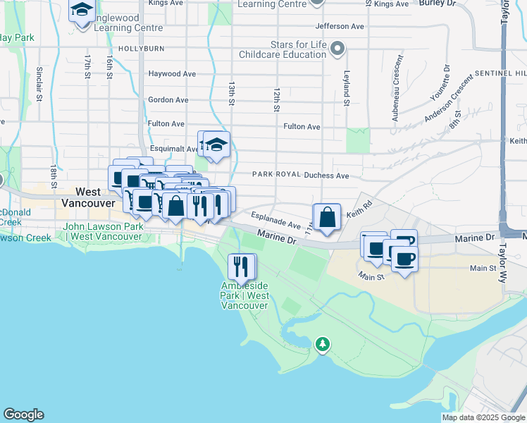 map of restaurants, bars, coffee shops, grocery stores, and more near 1248 Keith Road in West Vancouver