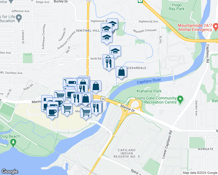 map of restaurants, bars, coffee shops, grocery stores, and more near 508 Waters Edge Crescent in West Vancouver