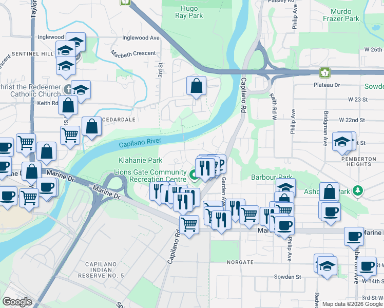 map of restaurants, bars, coffee shops, grocery stores, and more near 2035 Glenaire Drive in North Vancouver