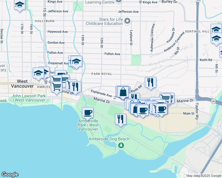 map of restaurants, bars, coffee shops, grocery stores, and more near 1136 Keith Road West in North Vancouver