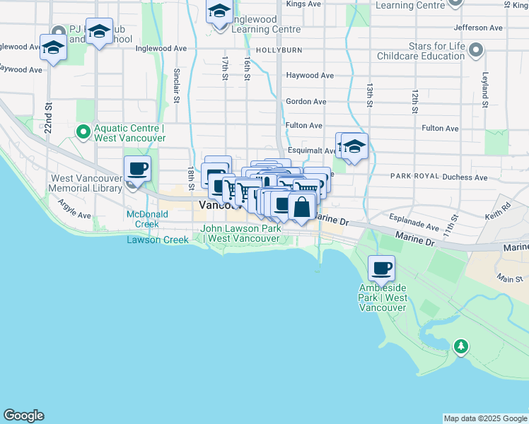 map of restaurants, bars, coffee shops, grocery stores, and more near 1546 Ambleside Lane in West Vancouver