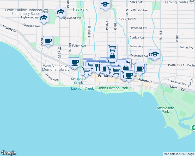 map of restaurants, bars, coffee shops, grocery stores, and more near 1760 Southeast Marine Drive in Vancouver
