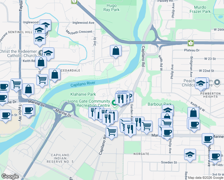 map of restaurants, bars, coffee shops, grocery stores, and more near 2035 Glenaire Drive in North Vancouver