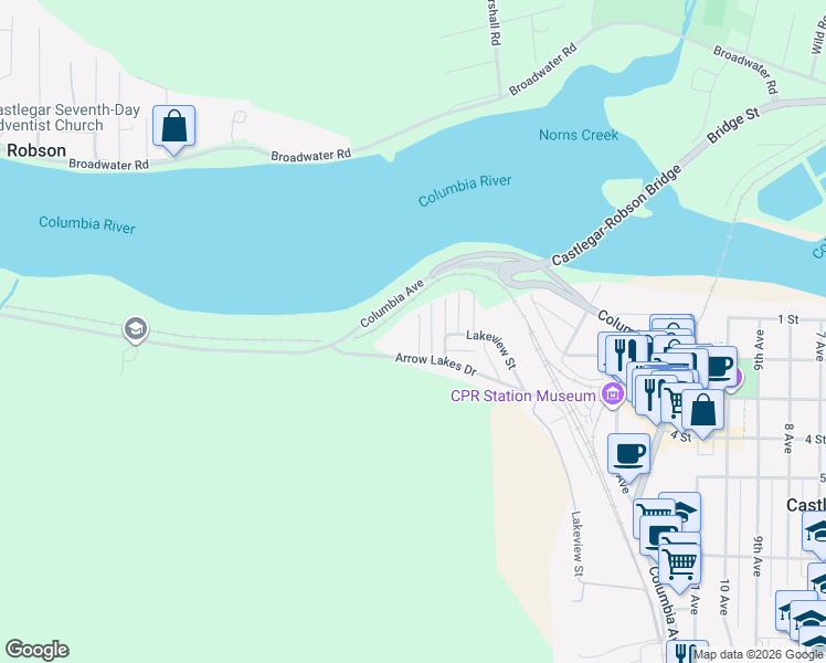 map of restaurants, bars, coffee shops, grocery stores, and more near 1449 Arrow Lakes Drive in Castlegar