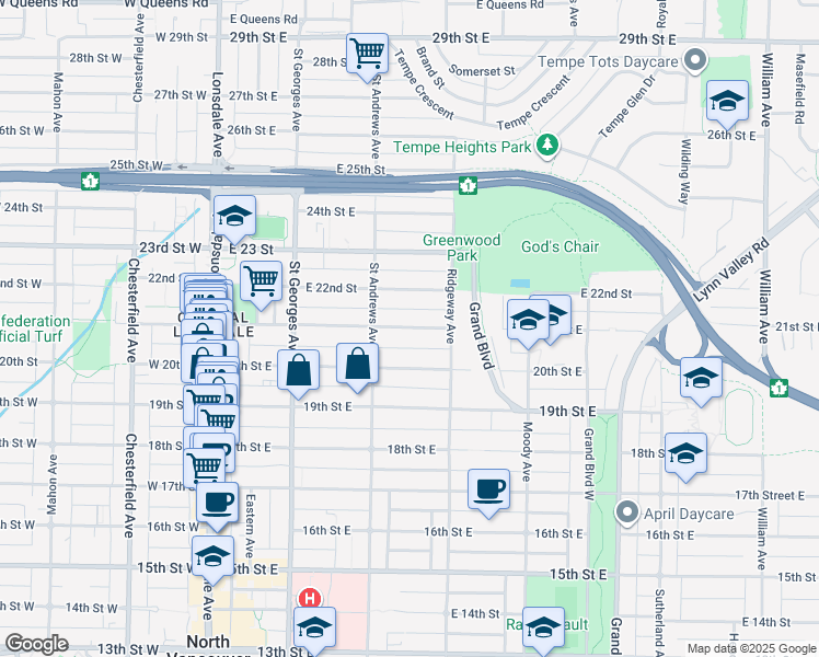 map of restaurants, bars, coffee shops, grocery stores, and more near 330 East 21 Street in North Vancouver